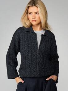 MISSGUIDED Cable Knit Zip Front Cardigan With Ribbed Collar And Cuffs For Fall Winter - Dark Grey - View 1