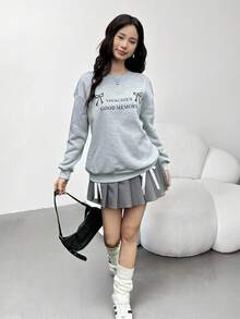 SHEIN 2件套优雅少女灰色刺绣蝴蝶结运动衫和百褶裙套装 - 灰色 - 查看 5