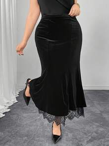 Modelyn Plus Size Women Black Velvet Contrast Lace Fishtail Skirt, Flattering/Versatile/Work/Casual - Black - View 1