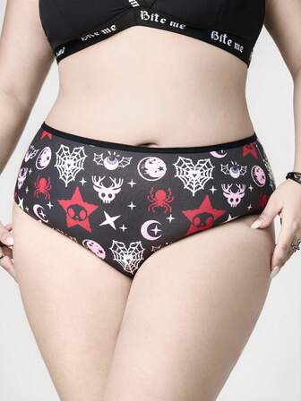 Goth سروال داخلي مثلث مطبوع بطبعات الجمجمة والشمس والقمر والنجوم للمقاسات الكبيرة بطراز جوثيك