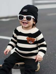 SHEIN Baby/Toddler Unisex Black And White Striped Knit Sweater With Cute 3D Bear Graphic,Soft Casual Pullover For Back-To-School,Autumn/Winter Daily Wear - Black and White - View 6