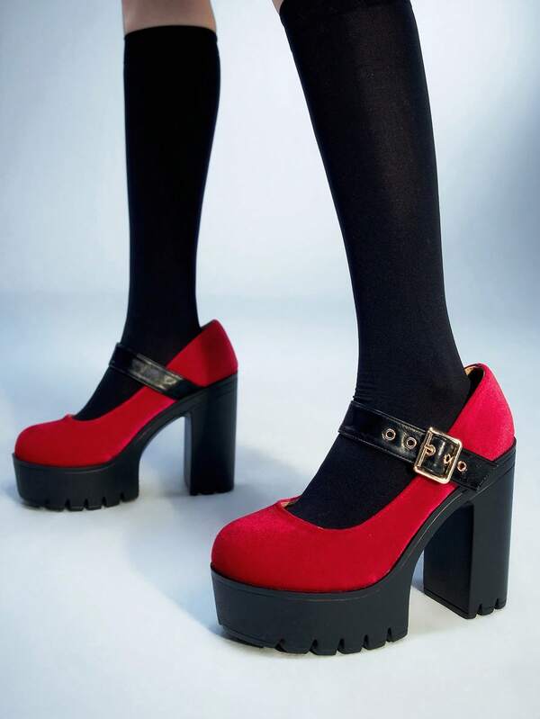 Sugerpunk Tacones de plataforma de ante rojo sexy con tacón grueso para mujer, zapatos Mary Jane de tacón alto con hebilla de metal de unicolor sexy para mujer, primavera/otoño