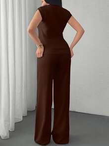 EURMUSE Two Pieces Sleeveless Knit Set Featuring Minimalist Crew Neck Top And High-Waisted Ribbed Pants In Soft Ivory - Brown - View 2