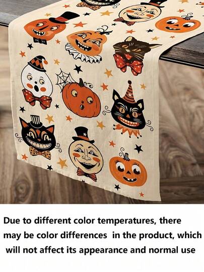 1pc-Halloween Table Runner 13x72 Inch - Spooky Cartoon Ghosts, Pumpkins & Black Cats Design - Premium Polyester Fabric, Woven Rectangular Table Decor For Halloween Party, Kitchen Dining, Fall Home Decor, Haunted House Theme, Washable & Wrinkle-Resistant Halloween Decor Room Decor