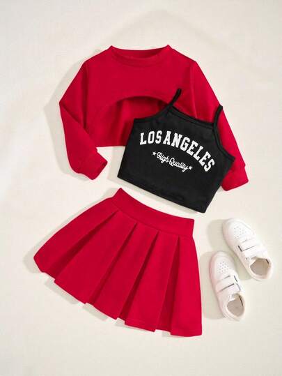 SHEIN Explorewe 4-7岁女童三件套：温暖杏色卫衣、简约黑色洛杉矶图案背心、时尚梭织裙。舒适、时尚、可爱的小女孩装，适合春秋冬三季。