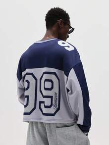 SUMWON Sudadera deportiva de manga larga con cuello en V y gran número impreso para uso casual diario, jersey oversize, jersey holgado, moda de los 90 para hombres - azul real - Ver 5