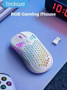 Teckwe 无线游戏鼠标 Honeycomb 2.4G USB 无线鼠标 RGB 可充电 PC 游戏鼠标带 LED 灯，无阻力伞绳，符合人体工程学，适合家庭游戏和办公室使用万圣节礼物 - 白色 - 查看 1