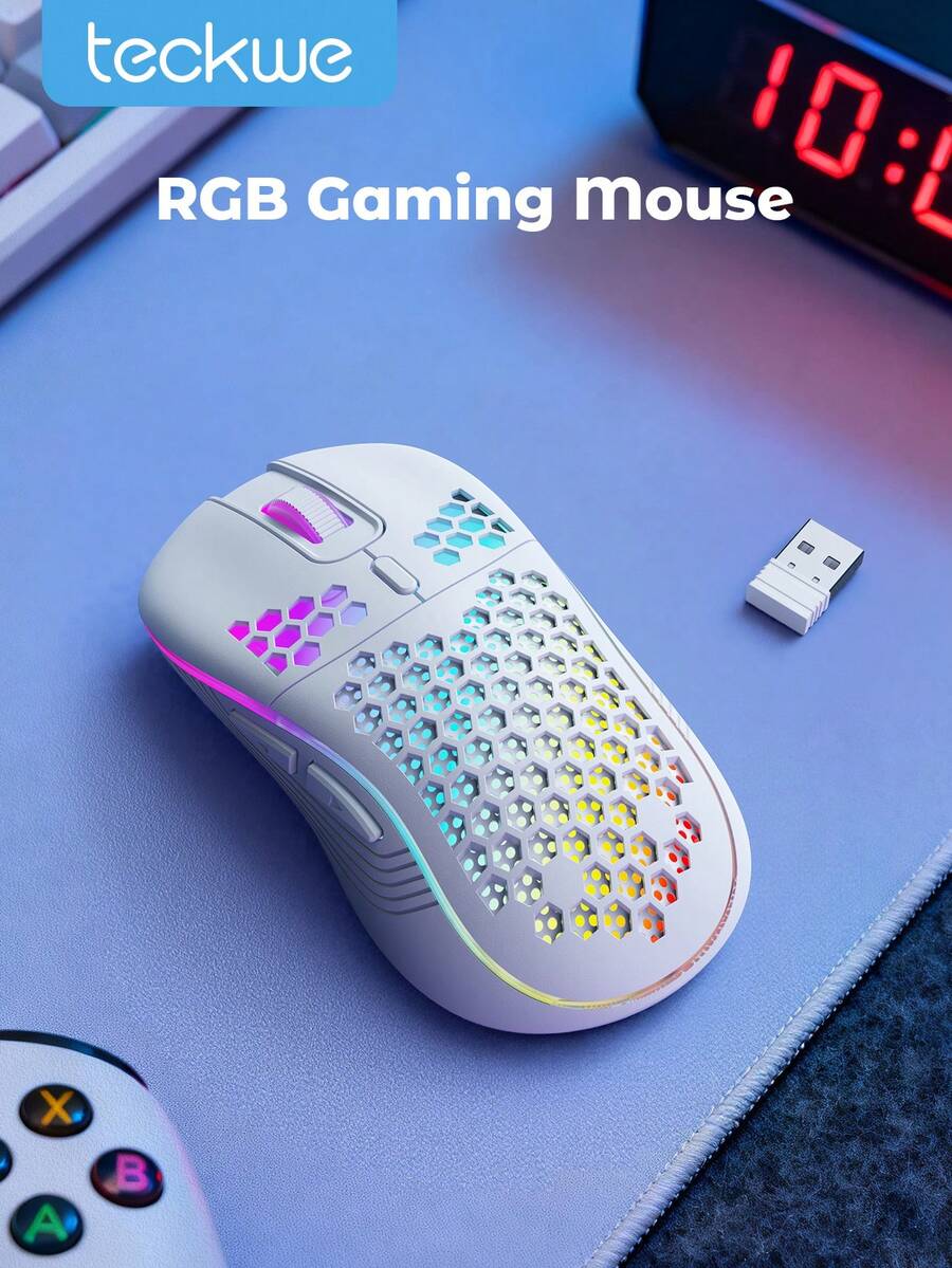 Teckwe 无线游戏鼠标 Honeycomb 2.4G USB 无线鼠标 RGB 可充电 PC 游戏鼠标带 LED 灯，无阻力伞绳，符合人体工程学，适合家庭游戏和办公室使用万圣节礼物 - 白色 - 查看 1
