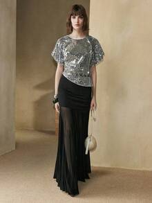 Arave Women's Sequined Fabric H-Line Loose Fit, Hollowed-Out Shimmering Sequined Off-Shoulder Design, Modern Party Top    Party Tops - Silver - View 4