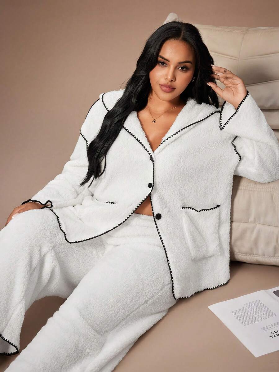 Lazeform Set pijamale pufoase și confortabile, cu blană artificială, mărime plus, culoare solidă, mărime mare, cu glugă și pantaloni, de iarnă - Bej - Vizualizare 1