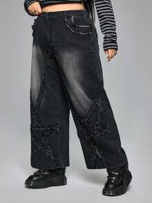 ROMWE Goth Plus Size Women Casual Grunge-Punk Distressed Five-Pointed Star Washed Loose Straight Leg Jeans, Vintage Wash Denim Pants For Autumn/Winter - Black - View 5