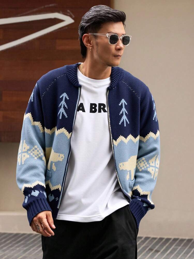 Men's Letter Pattern Jacquard Cardigan, Navy Blue, Autumn/Winter,New Year,Christmas