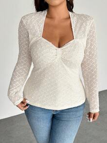 Firerie Femmes grande taille Élégant décontracté Vacances Minimaliste Froncé Col V Texture Tissu extensible Manches longues T-shirt, Automne/Hiver - Nude - Voir 8