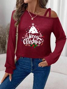 SHEIN LUNE Women's Casual Christmas Tree Letter Print Long Sleeve T-Shirt,Dark Red,Autumn,Occasion,New Year Party,Family Matching Gathering,Graphic Red Top - Burgundy - View 9