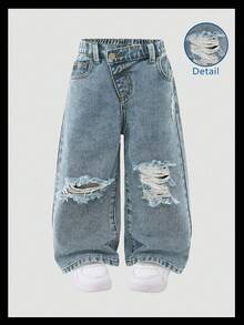 SHEIN Young Girls Y2K Casual Everyday Versatile Street Asymmetrical Waist Ripped Loose Wide Leg Straight All-Match Comfortable Jeans, 2025 New Essential, Suitable For Daily Wear, Hot Fall Winter - Medium Wash - View 1