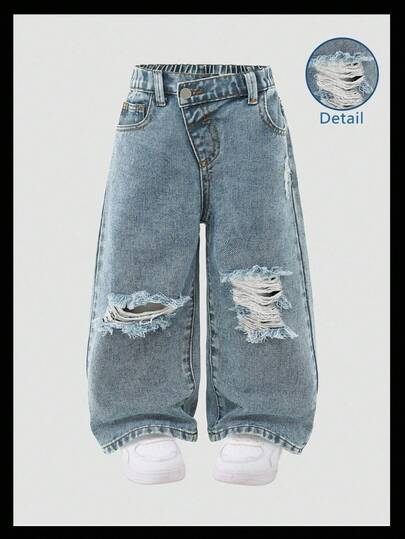 SHEIN Young Girls Y2K Casual Everyday Versatile Street Asymmetrical Waist Ripped Loose Wide Leg Straight All-Match Comfortable Jeans, 2025 New Essential, Suitable For Daily Wear, Hot Fall Winter