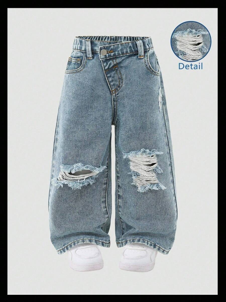 SHEIN Young Girls Y2K Casual Everyday Versatile Street Asymmetrical Waist Ripped Loose Wide Leg Straight All-Match Comfortable Jeans, 2025 New Essential, Suitable For Daily Wear, Hot Fall Winter - Medium Wash - View 1