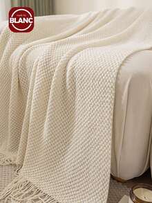 Madebyblanc 1 Stück einfarbige Strickdecke, rechteckige Acryl-Decke im nordischen Stil für Büro, Nickerchen, Sofadecke, gestrickte Überwurfdecke, Schal, Bezug, Tagesdecke, Bettdecke - Beige - View 2