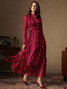 Anewsta 复古立领纽扣花卉拼接高腰系带女式连衣裙，适合秋季、冬季、新年、派对、婚礼、优雅、时尚、别致、潮流、圣诞节、节日等场合。 - 紅色 - 查看 5