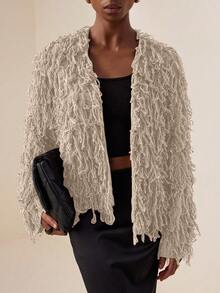Vesra Women Casual Solid Color Open Front Loop Knit Cardigan Fall Winter Cloth For Women - Khaki - View 6