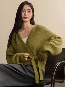 Dazy-Less Women's Elegant Cardigan Sweater, Casual Business Style With Oblique Placket And Waist Cinching, Suitable For Autumn And Winter - Green - View 7