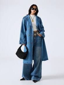 LYSMO 2025年女士极简主义秋冬新款翻领长袖双排扣休闲腰带设计牛仔外套，秋冬圣诞节新年感恩节 - 中等水洗藍 - 查看 3