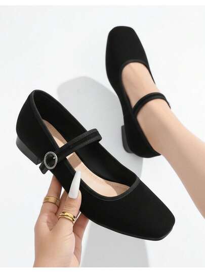 Zapato Mary Jane para mujer de tela mate, punta cuadrada, hebilla, tacón bajo, estilo francés elegante para oficina y uso diario