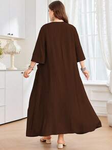 Al Najma Women's Loose Fit Round Neck 3/4 Sleeve Dress With Large Pockets, Comfortable , Casual Daily Wear, Plus Size - Rust Brown - View 2