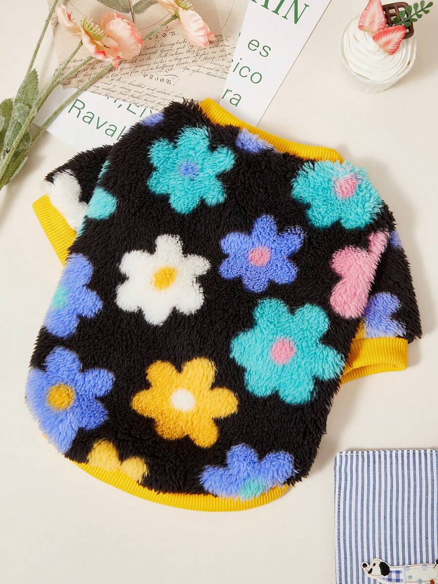 PETSIN 1pc Pet Cat Dog Universal Color Flower Pattern Printed Cute Double Sided Elastic Plush Comfortable Warm Dog Round Neck Hoodie