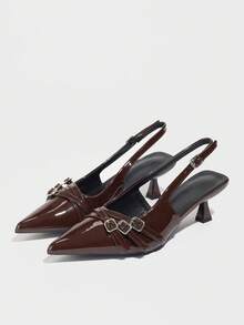 CUCCOO BIZCHIC Zapatos de fiesta de tacón de aguja de punta fina y tira trasera para mujer, de temporada primavera/verano - Café integral - Ver 3