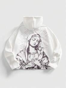ROMWE MEN Street Life Men's Casual Virgin Mary Print Zip-Up Hoodie Sweatshirt, Autumn - Beige - View 1