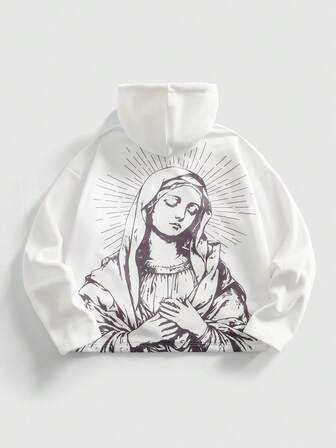 Street Life Sudadera con capucha con cremallera y estampado de la Virgen María, informal, para otoño