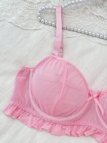 SHEIN Plus Size Sexy Puff Sleeve Semi-Sheer Mesh Top + G-String + Mini Skirt + Sleeve Cuffs 5-Piece Set - Pink - View 7