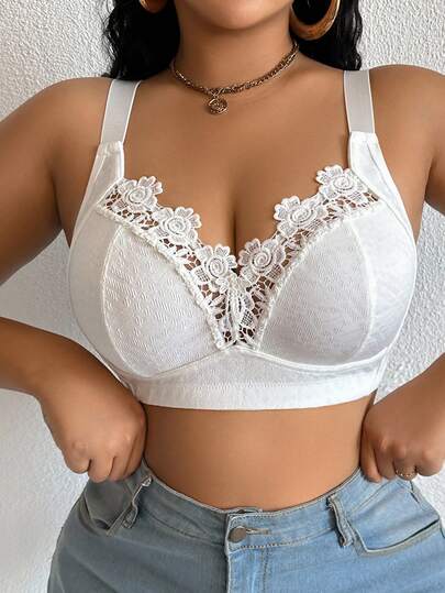 Plus Size Elegant Solid Color Lace Patchwork Wireless Bra