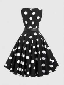 Sweetra Vestido de lunares con cuello en V sin mangas, con cintura ajustable, talla grande para mujer, para el verano