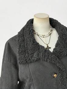 Sweetra Áo khoác ngắn tay dài lót nhung hươu thanh lịch cỡ lớn mới dành cho nữ, dài vừa, dày, mặc được cả hai mặt, mùa đông - Màu xám đen - Xem 5