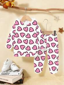 两件套女童休闲时尚创意黑边粉色爱心图案印花连帽卫衣和运动裤，舒适秋冬套装 - 彩色 - 查看 3