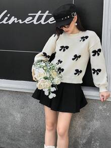 SHEIN Teen Girl Autumn/Winter Bow Jacquard Knit Pullover Sweater, Loose Casual Crew Neck Top Suitable For Outdoor Leisure & Sports - Apricot - View 4