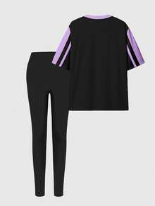 SHEIN Women's Casual Fashion Creative Number 23 & Slogan Graphic Print Short Sleeve Top And Skinny Leggings 2 Pieces Set, Street Sporty Style
