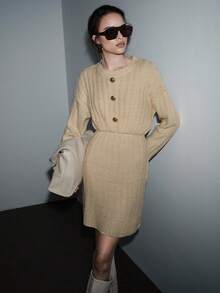 SHEIN Luminelle Women's Fashionable & Elegant Cable Knit Twist Rope Sweater Dress - Apricot - View 8