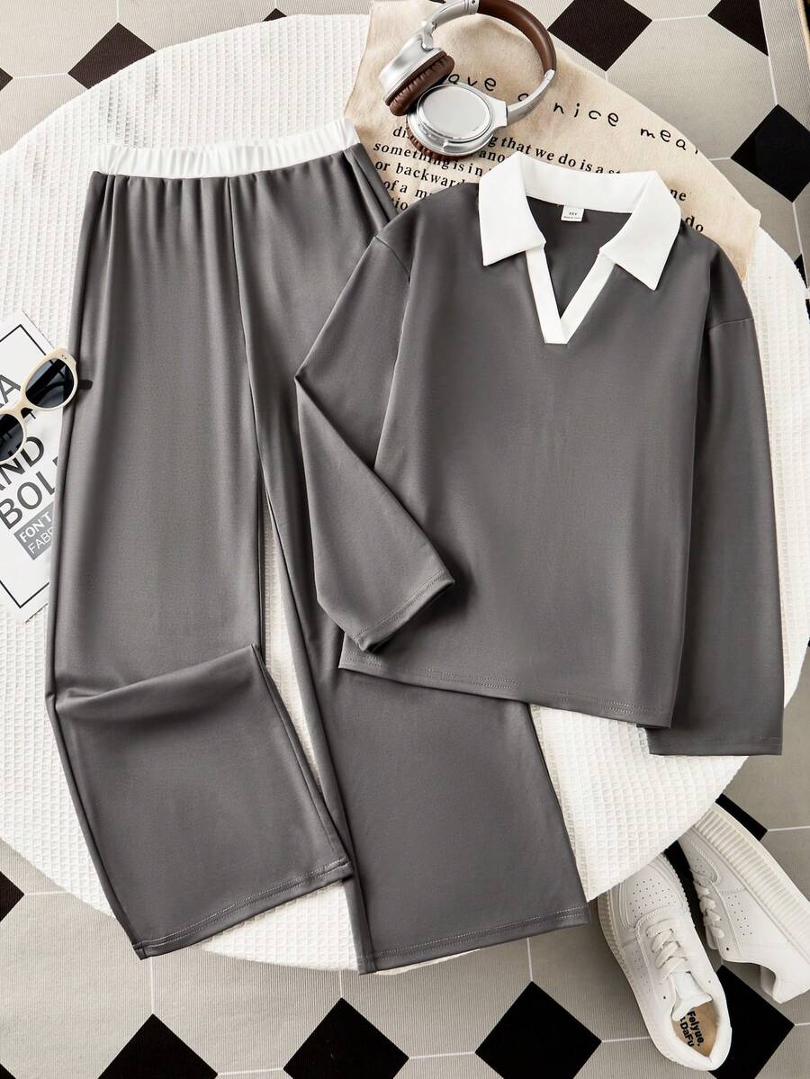 两件套少女套装，Polo领半拉链长袖T恤和松紧腰宽松阔腿休闲裤，秋季款 - 深灰色 - 查看 1