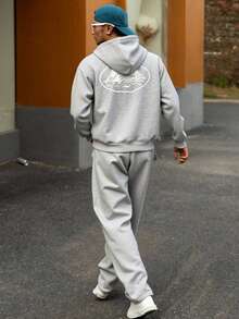 DAZY 秋冬厚款山峰图案印花连帽卫衣，街头风格男士连帽衫套装 - 灰色 - 查看 2