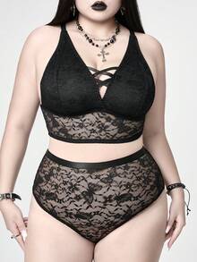 ROMWE Plus Size Gothic Butterfly Lace Trim Bralette & High Waist Panty Set - Black - View 1