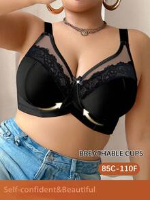 DesireSculpt Plus Size Solid Color Mesh & Lace Patchwork Underwire Bra - Black - View 3