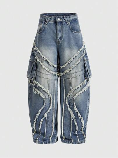 Street Life Jeans de mezclilla casual y holgados con bolsillos en diagonal y desgastados para hombres