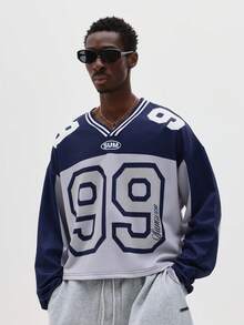 SUMWON Sudadera deportiva de manga larga con cuello en V y gran número impreso para uso casual diario, jersey oversize, jersey holgado, moda de los 90 para hombres - azul real - Ver 1