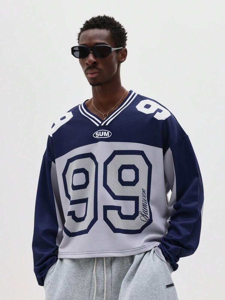 Long Sleeve V-Neck Jersey With Number Print