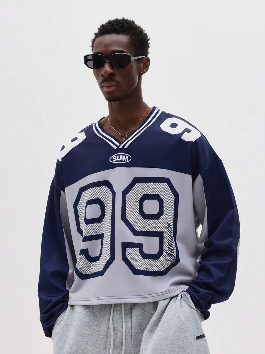 SUMWON Sudadera deportiva de manga larga con cuello en V y gran número impreso para uso casual diario, jersey oversize, jersey holgado, moda de los 90 para hombres - azul real - Ver 1