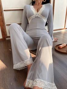 SHEIN 舒适休闲灰色针织罗纹蕾丝撞色女式连体睡衣，适合春秋季 - 灰色 - 查看 4