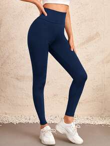 EMERY ROSE Quần legging cạp cao màu trơn thường ngày cho nữ - Xanh đậm - Xem 4